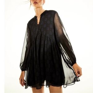 Zara Sheer Mini Dress Black with Blue Leaf Pattern Size S Opaque Liner Flirty